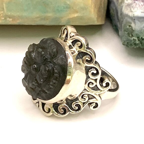 Carved Tanzanite Gemstone Flower Sterling Silver Asian Style Beautiful Ring Sz 6 - Picture 2 of 8